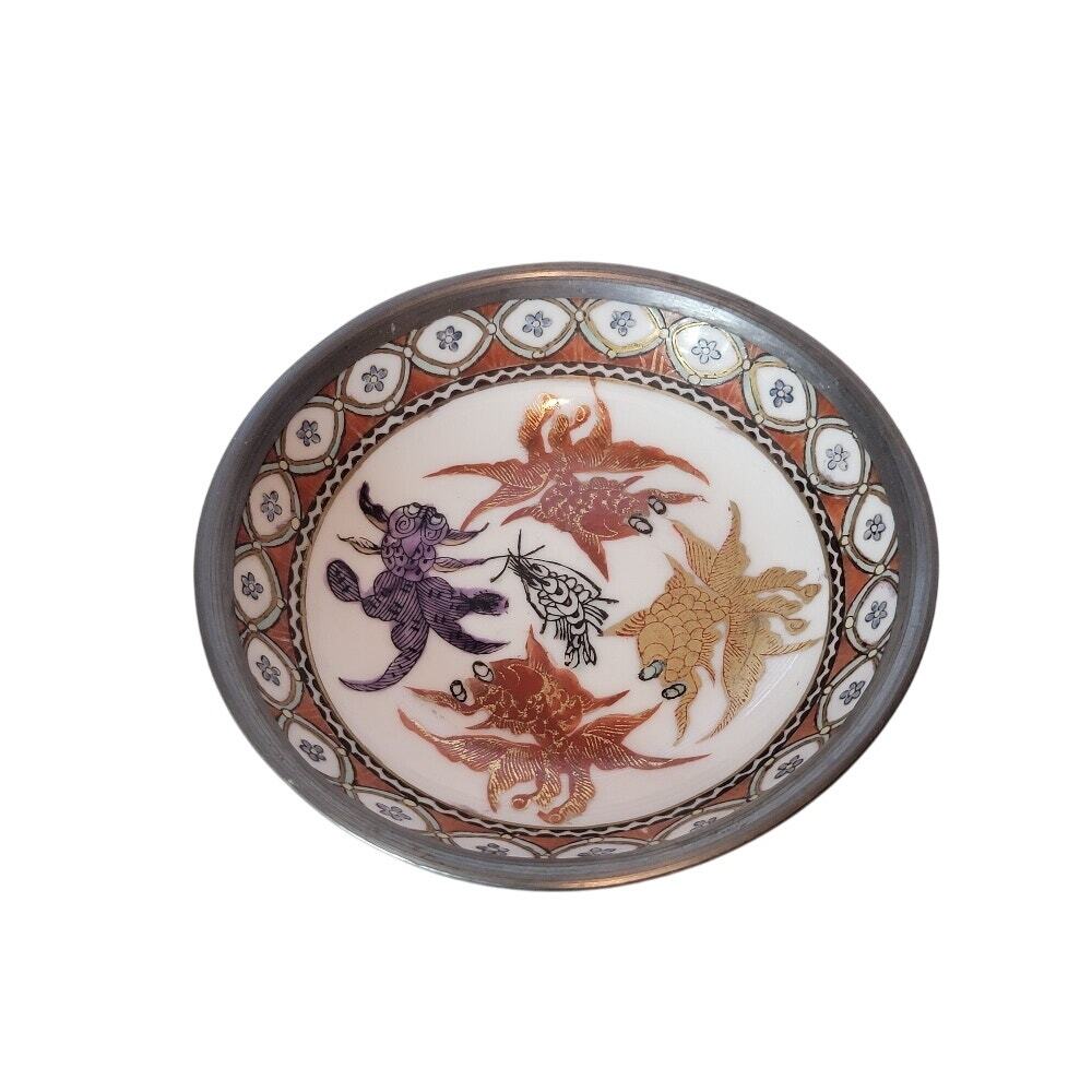 Japanese Porcelain‎ KOI Bowl with Pewter Base Vintage Asian Home Decor